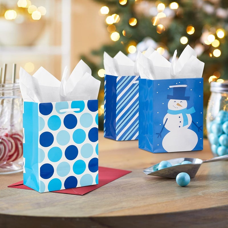 Hallmark Image Arts 5" Small Gift Bags Bulk (10 Blue and White Bags, Snowflakes, Stripes, Snowmen, Polka Dots) for Kids, Coworkers, Gift Cards, Party Favors - Image 2